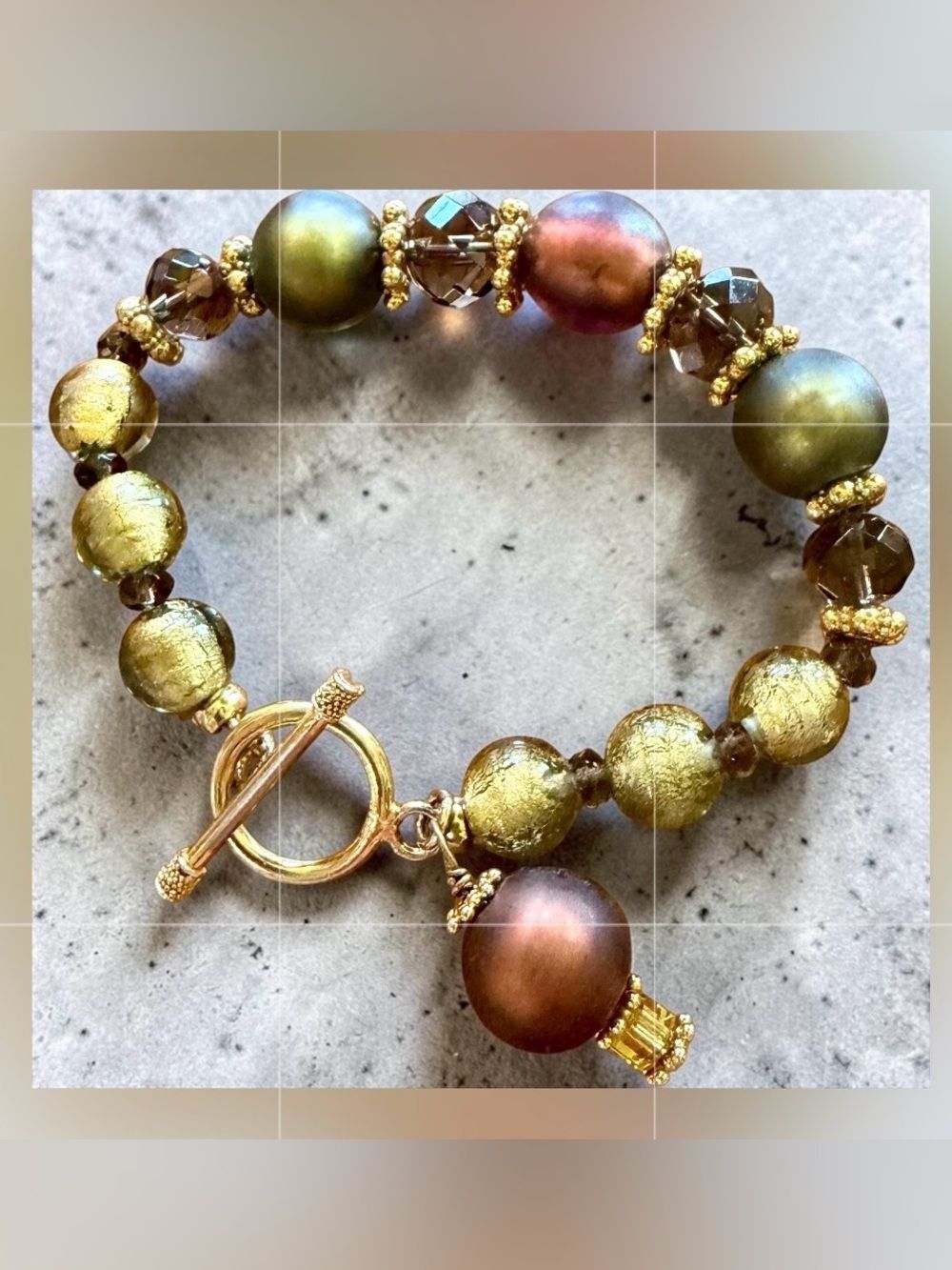 Handmade Artisan Beaded Bracelet Metallic Olive Green & Gold Foiled Murano Beads